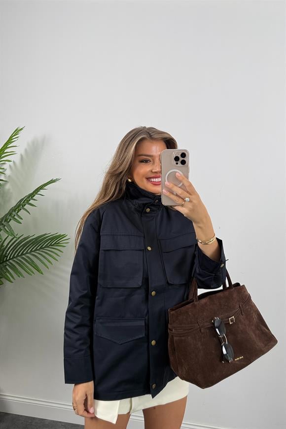 İngiliz Model Lüx Kalite 4 Cepli Parka Trençkot Lacivert