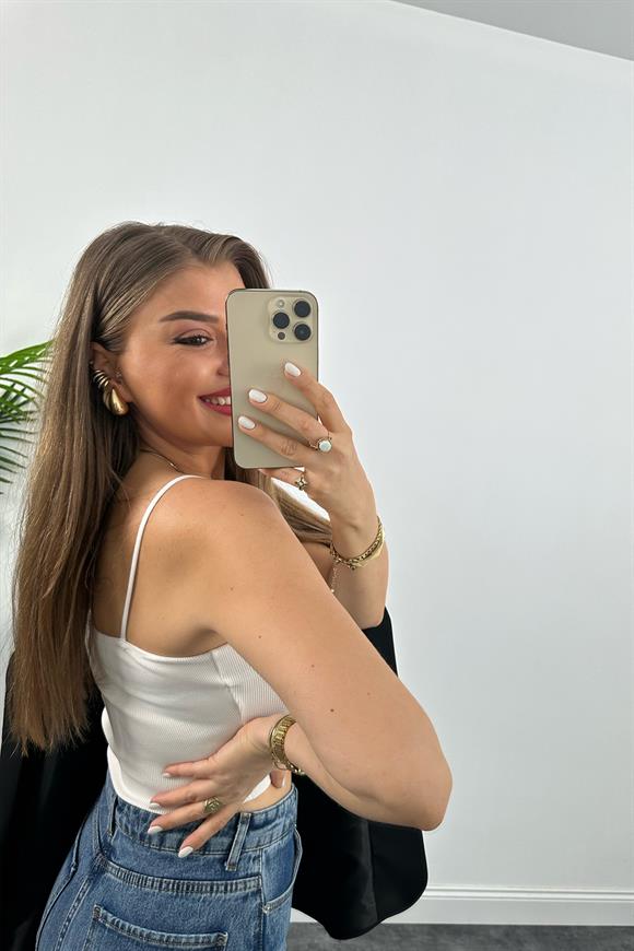 İp Askılı Elit Triko Crop Top Beyaz 