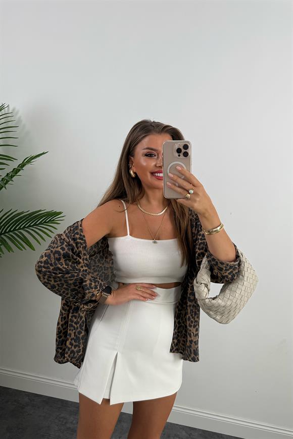 İp Askılı Elit Triko Crop Top Beyaz 