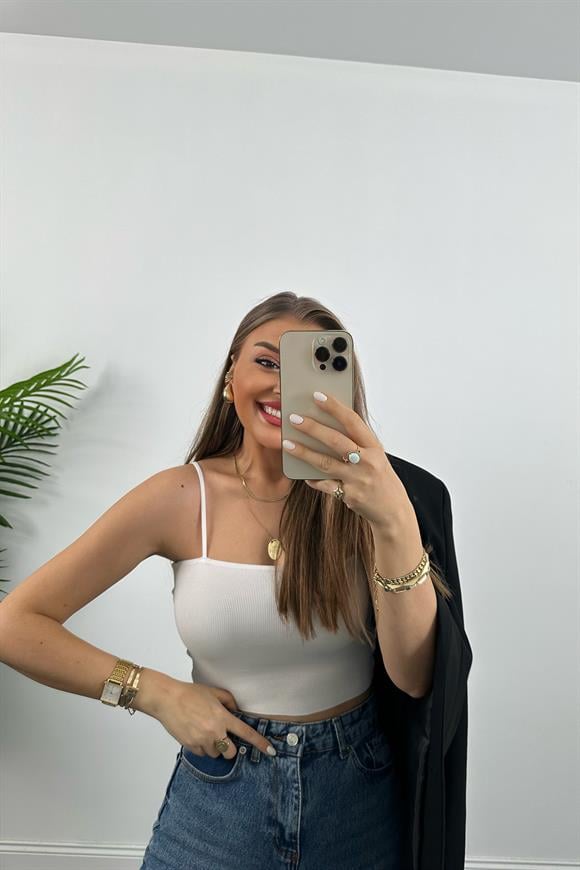 İp Askılı Elit Triko Crop Top Beyaz 