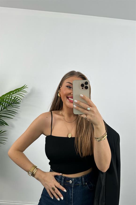 İp Askılı Elit Triko Crop Top Siyah 
