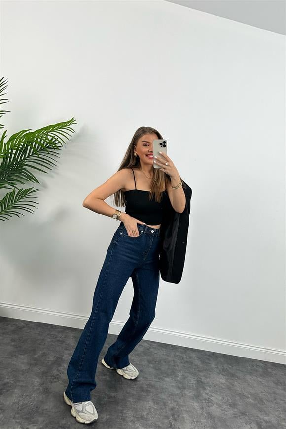 İp Askılı Elit Triko Crop Top Siyah 