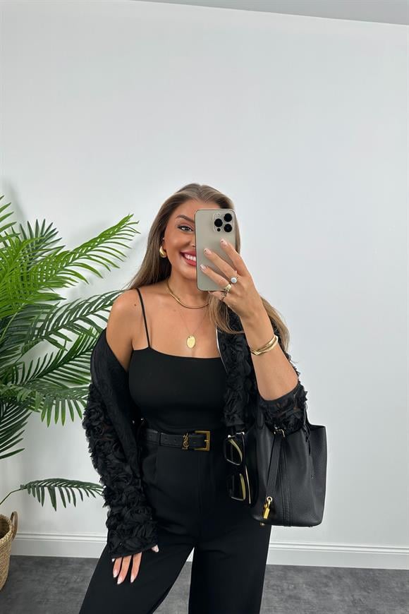 İp Askılı Elit Triko Crop Top Siyah 