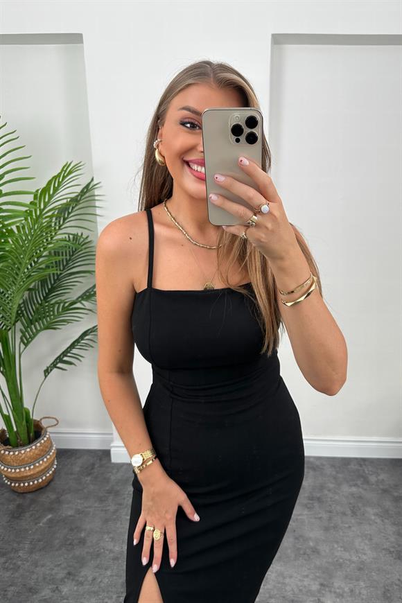 İp Askılı Likralı Krep Kumaş Kalem Elbise