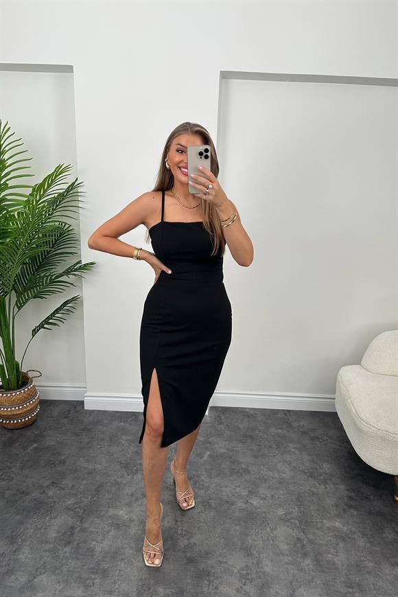 İp Askılı Likralı Krep Kumaş Kalem Elbise