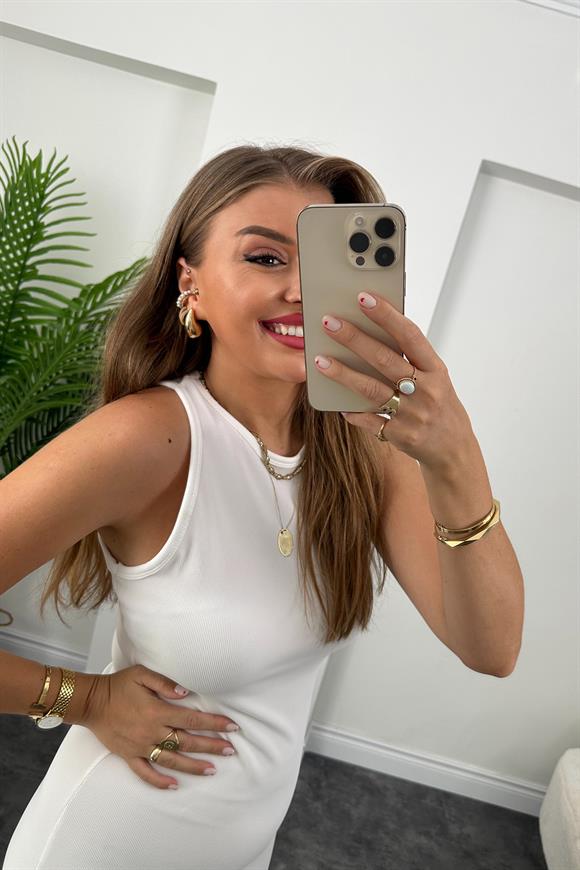 Kalın Ottoman Kumaş Likralı Yırtmaçlı Midi Kalem Elbise Beyaz