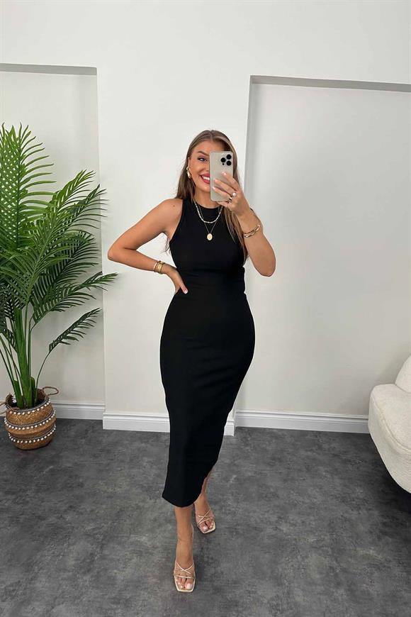 Kalın Ottoman Kumaş Likralı Yırtmaçlı Midi Kalem Elbise Siyah 