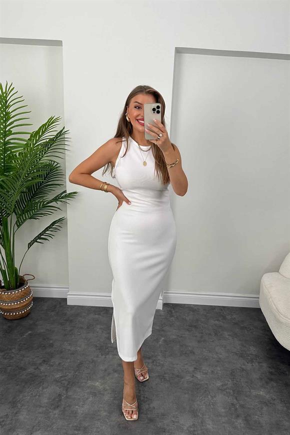 Kalın Ottoman Kumaş Likralı Yırtmaçlı Midi Kalem Elbise Beyaz