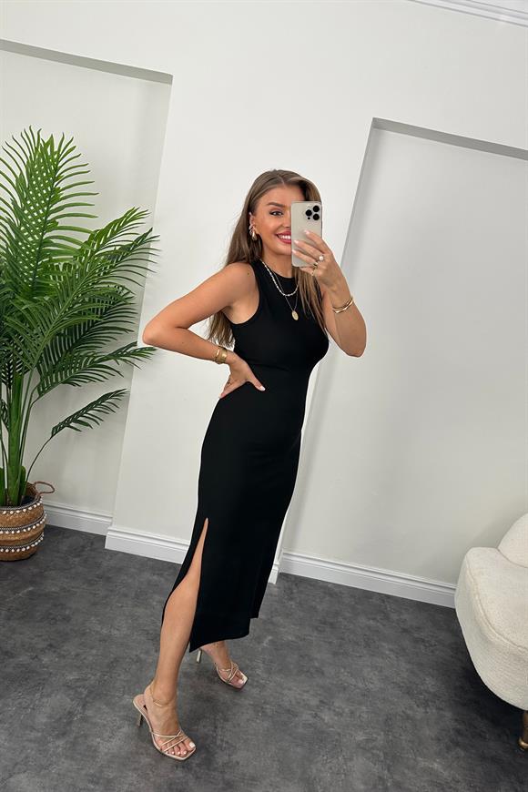 Kalın Ottoman Kumaş Likralı Yırtmaçlı Midi Kalem Elbise Siyah 