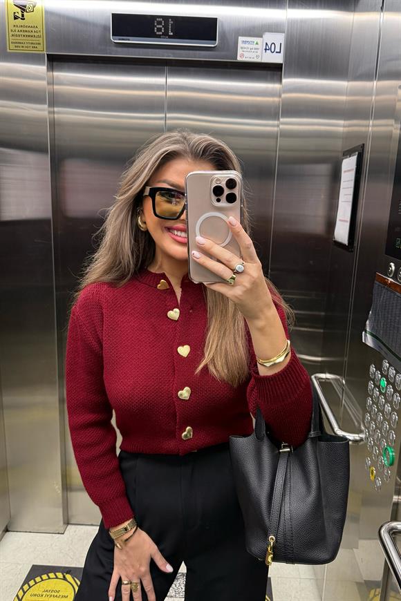 Kalp Düğmeli Basic Triko Hırka Bordo