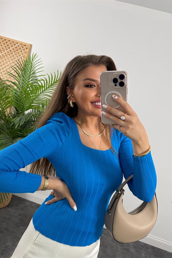 Kare Yaka Prenses Kol İnce Triko Mavi