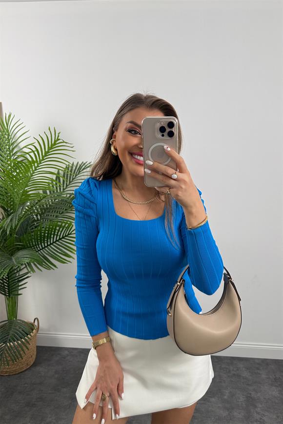 Kare Yaka Prenses Kol İnce Triko Mavi