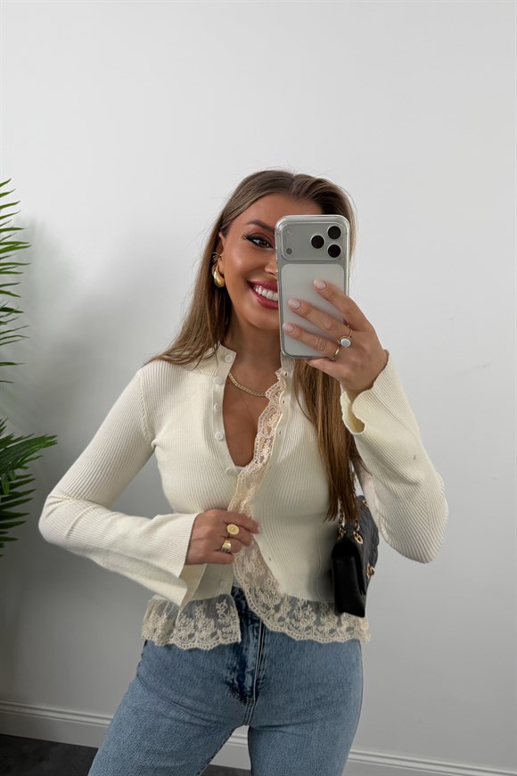 Kaşmir Dokulu Dantelli İnce Triko Hırka