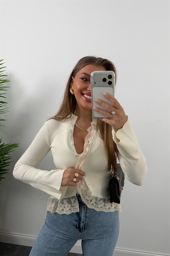 Kaşmir Dokulu Dantelli İnce Triko Hırka