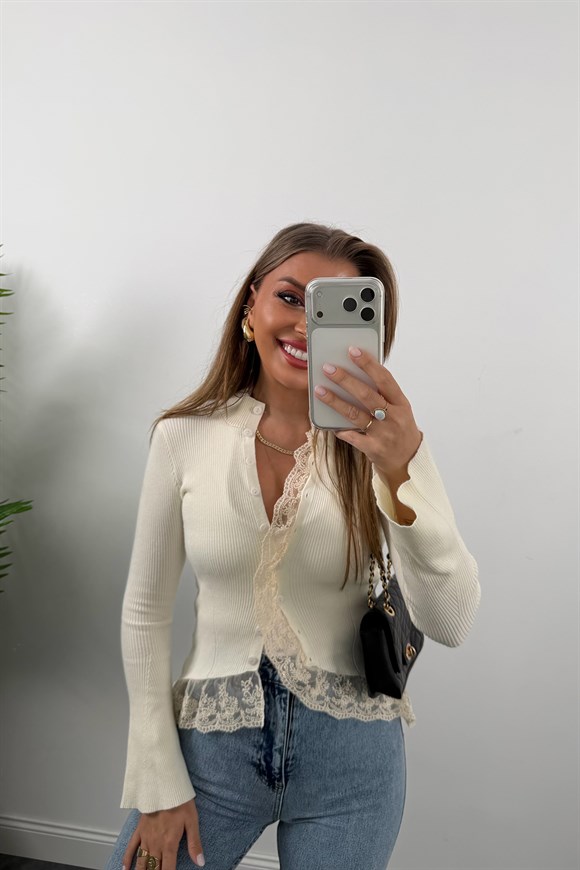 Kaşmir Dokulu Dantelli İnce Triko Hırka