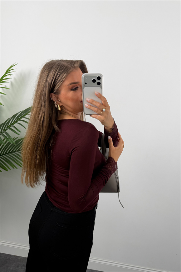 Kaşmir Dokulu V Yaka Dantelli Basic Bluz Bordo
