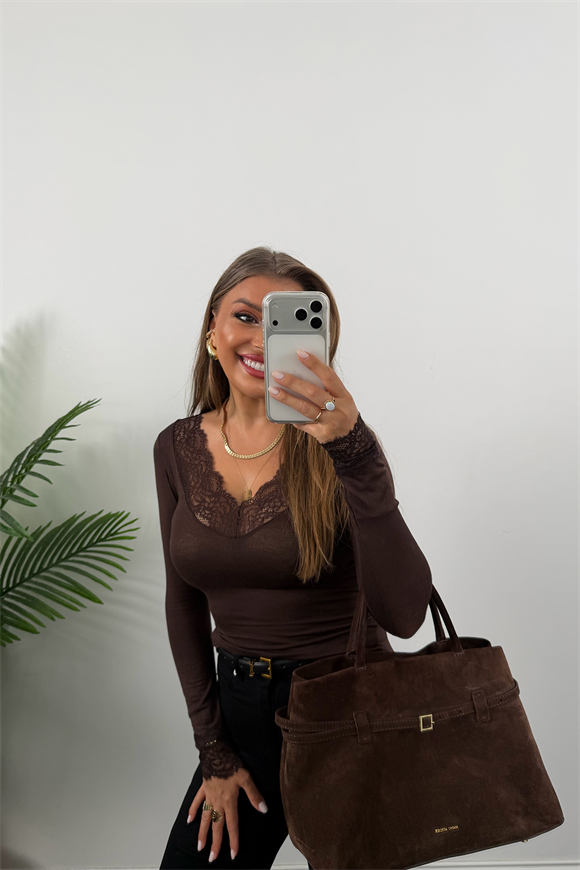 Kaşmir Dokulu V Yaka Dantelli Basic Bluz Acı Kahve