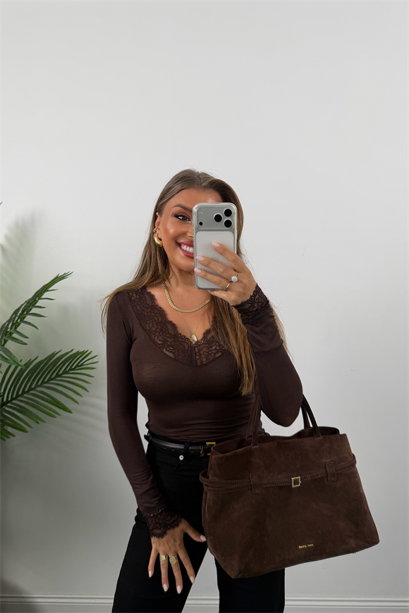 Kaşmir Dokulu V Yaka Dantelli Basic Bluz Acı Kahve