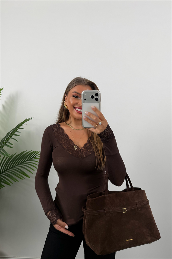 Kaşmir Dokulu V Yaka Dantelli Basic Bluz Acı Kahve