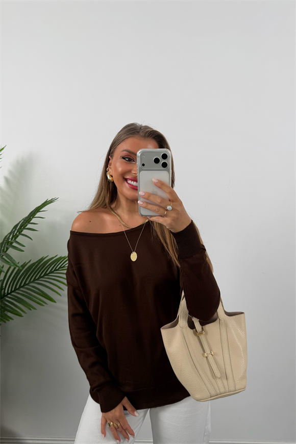 Kayık Yaka Baharlık İnce Triko Acı Kahve