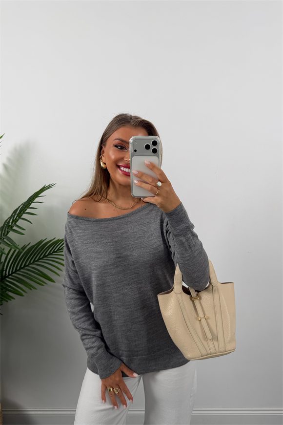 Kayık Yaka Baharlık İnce Triko Açık Gri