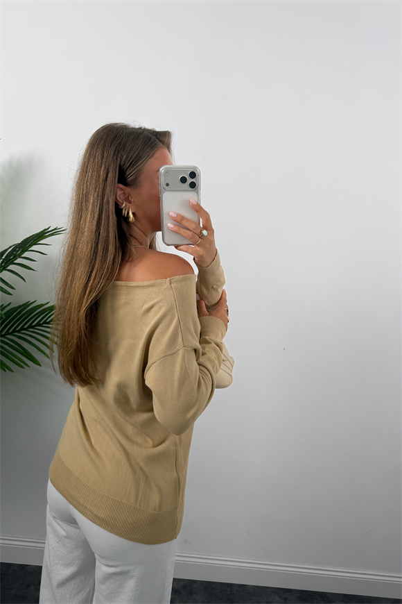 Kayık Yaka Baharlık İnce Triko Bej