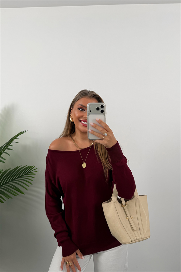 Kayık Yaka Baharlık İnce Triko Bordo