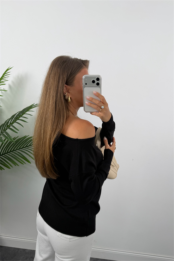 Kayık Yaka Baharlık İnce Triko Siyah