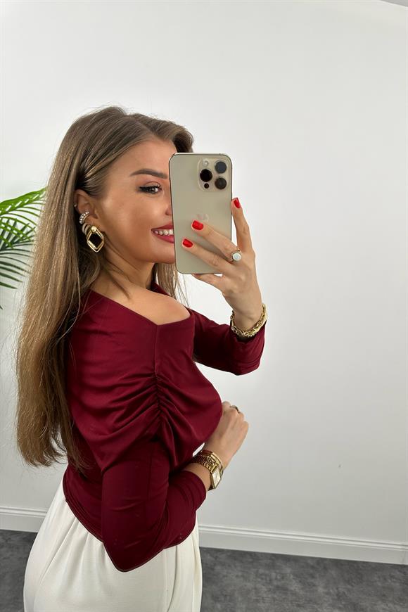 Kayık Yaka Drapeli Likralı Tasarım Bluz Bordo