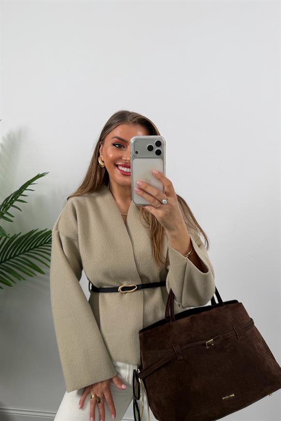 Kemerli Kaşe Ceket Bej