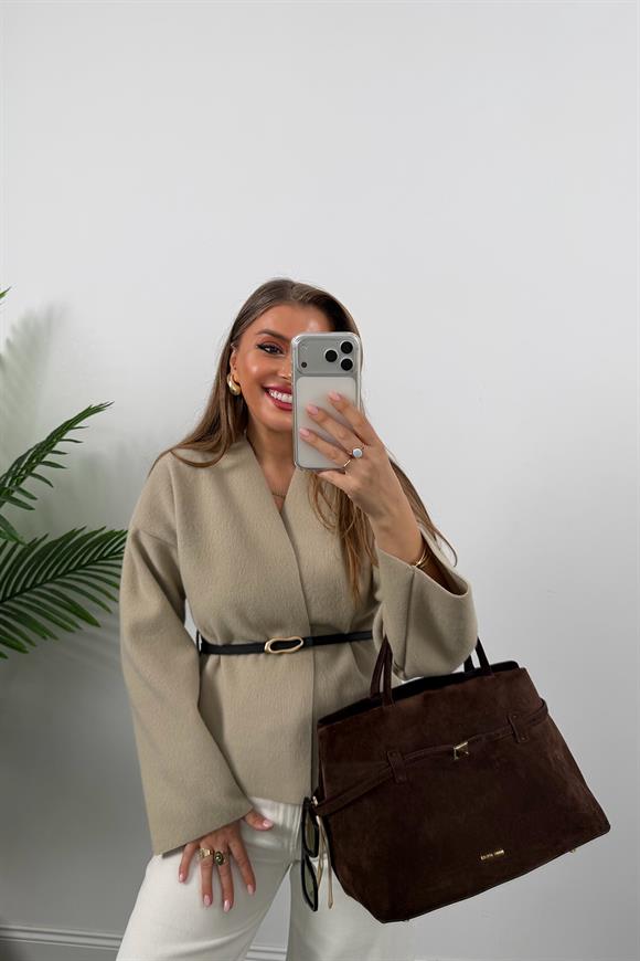 Kemerli Kaşe Ceket Bej