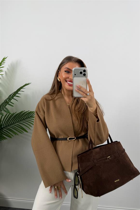 Kemerli Kaşe Ceket Camel