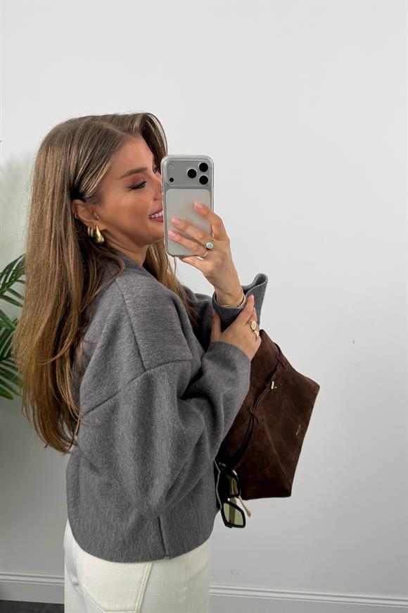 Kemerli Kaşe Ceket Gri