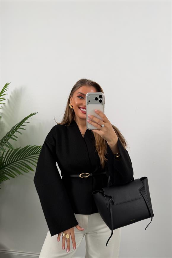 Kemerli Kaşe Ceket Siyah