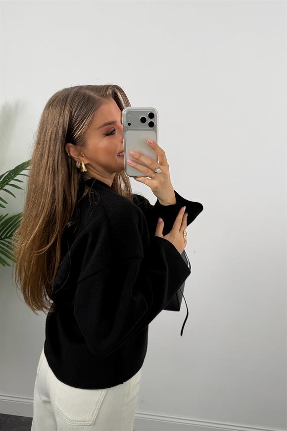 Kemerli Kaşe Ceket Siyah