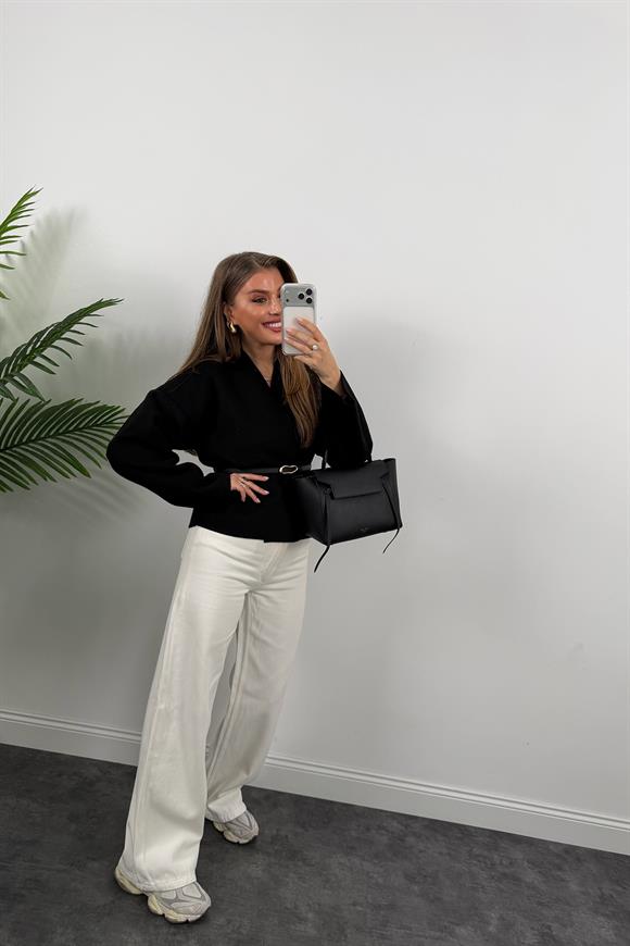 Kemerli Kaşe Ceket Siyah