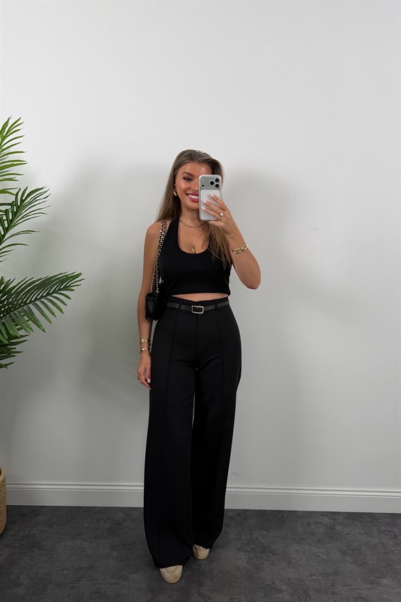 Kemerli Nervürlü Klasik Kumaş Palazzo Pantolon Siyah