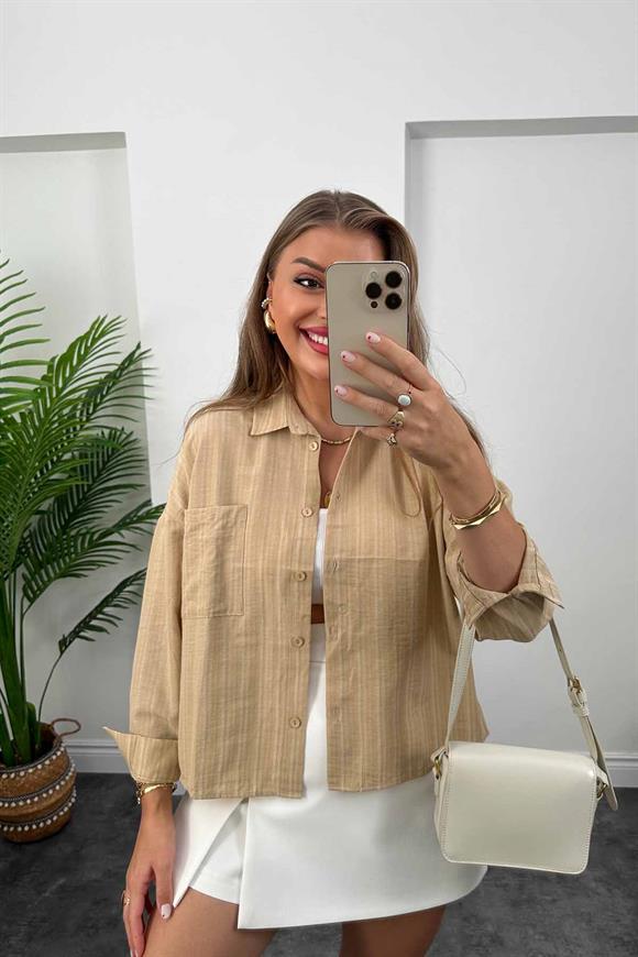 Kendinden Çizgili Basic Gömlek Camel