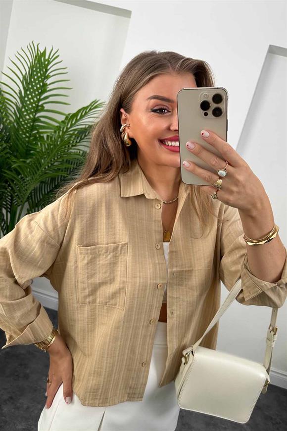 Kendinden Çizgili Basic Gömlek Camel