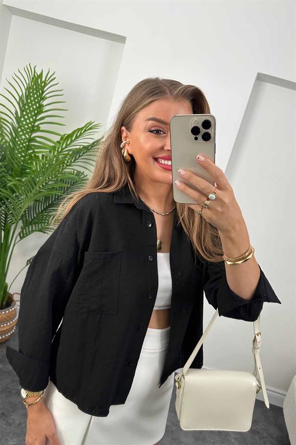 Kendinden Çizgili Basic Gömlek Siyah 