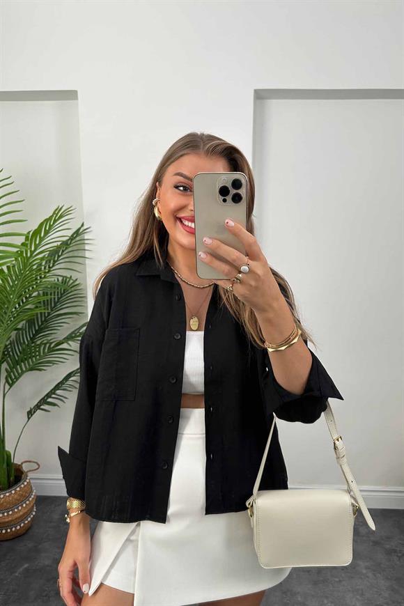 Kendinden Çizgili Basic Gömlek Siyah 