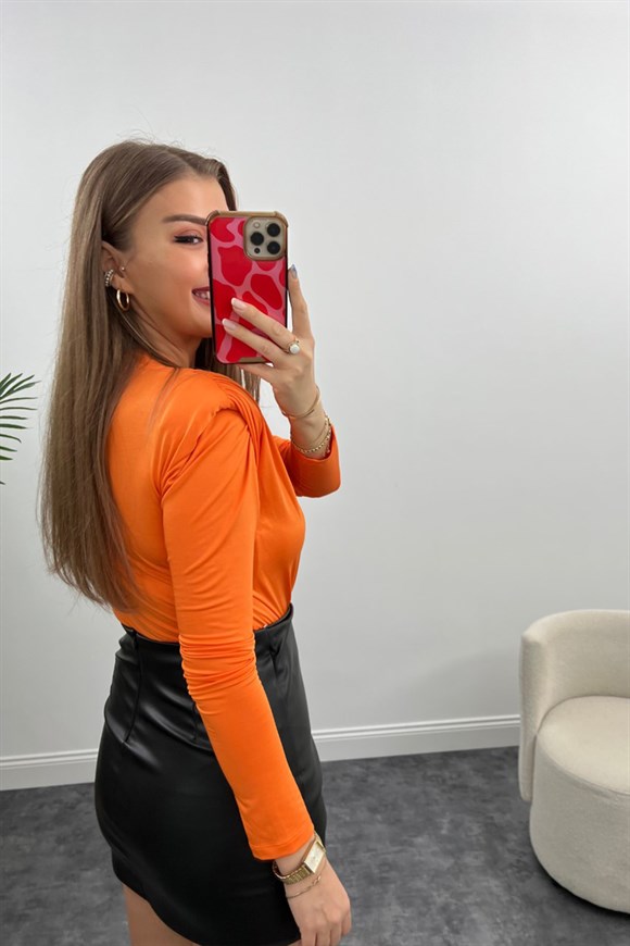 Kinzi Premium Tasarım Vatkalı Drapeli Bodysuit Oranj