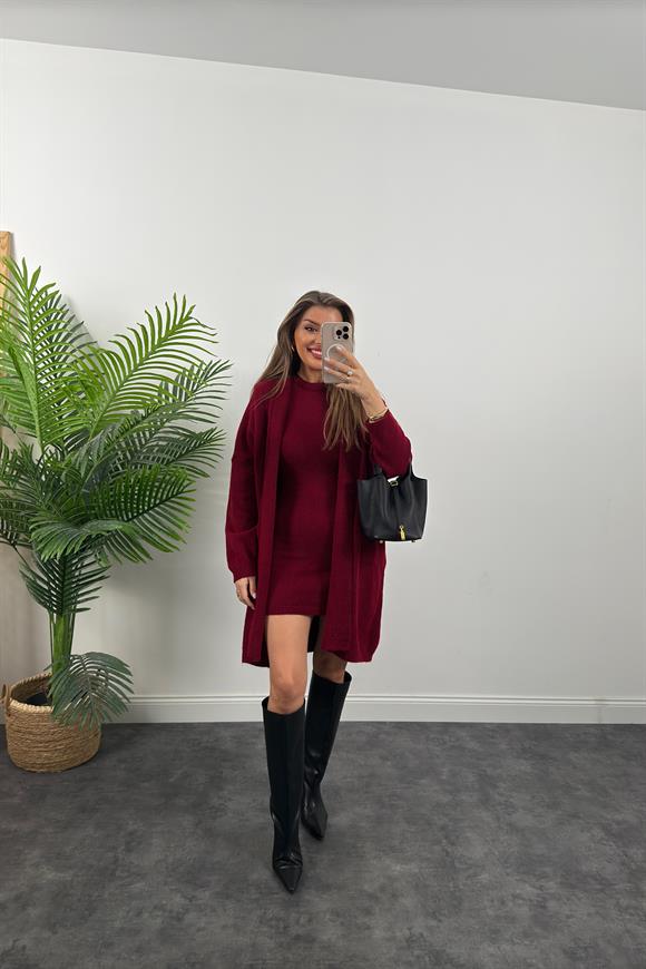 Kısa Elbiseli Yumoş Hırka Takım Bordo