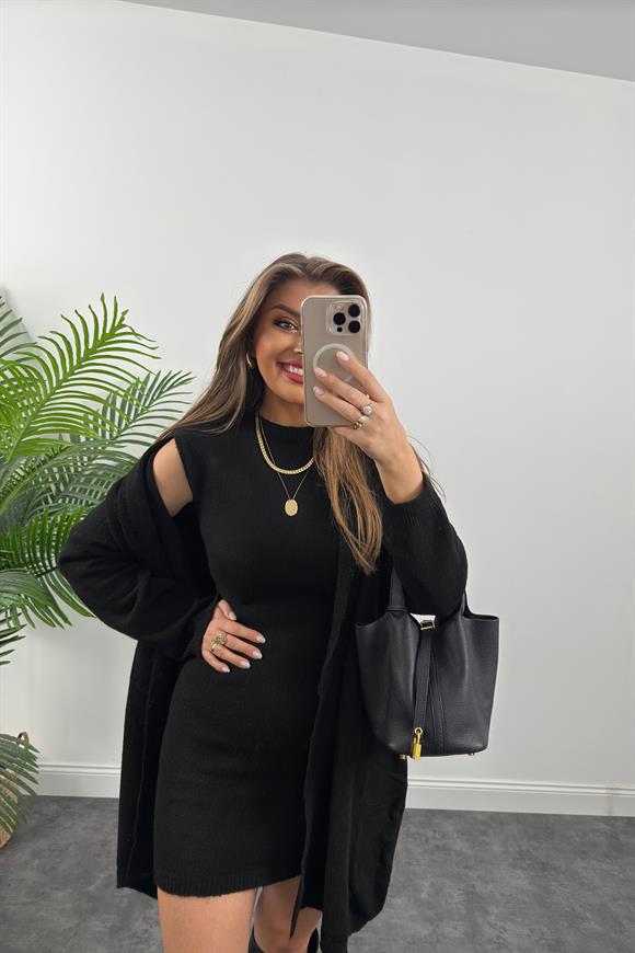 Kısa Elbiseli Yumoş Hırka Takım Siyah