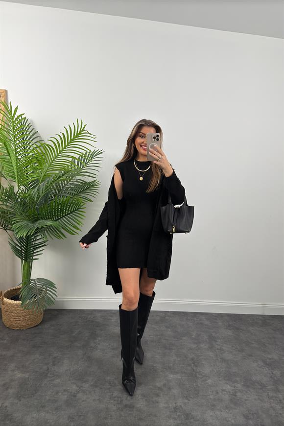 Kısa Elbiseli Yumoş Hırka Takım Siyah