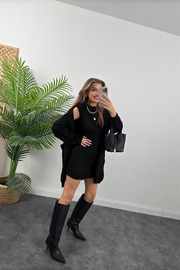 Kısa Elbiseli Yumoş Hırka Takım Siyah