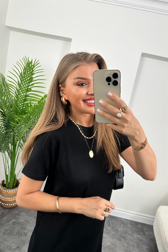 Kısa Kol Çift Yırtmaçlı Viskon Çelik Salaş Elbise Siyah