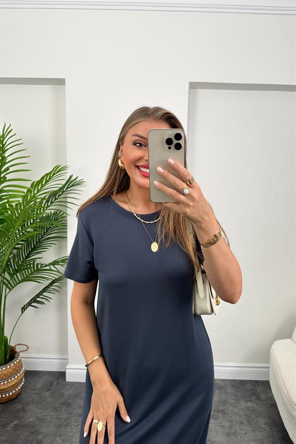 Kısa Kol Çift Yırtmaçlı Viskon Çelik Salaş Elbise Antrasit