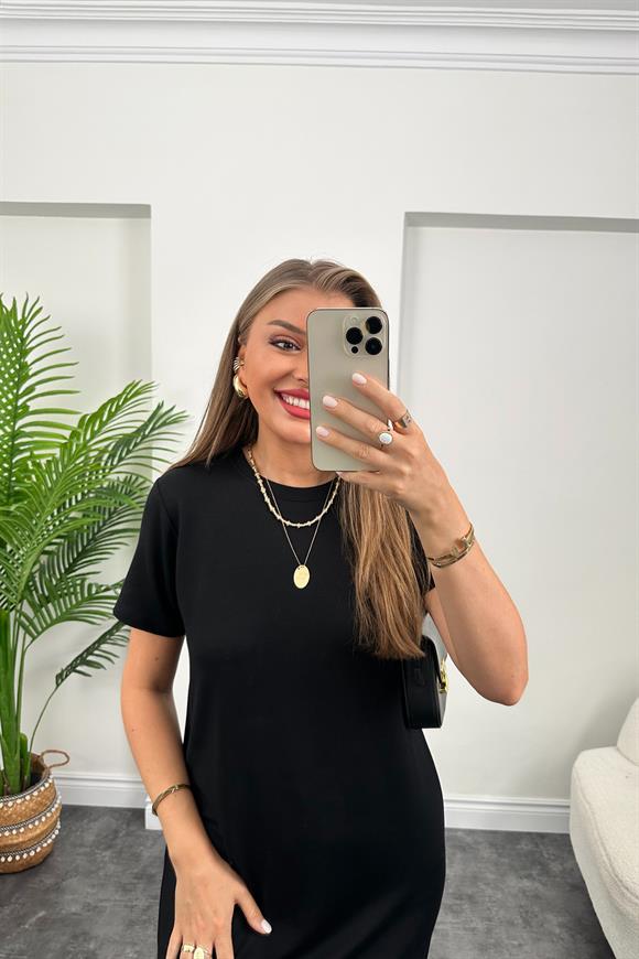 Kısa Kol Çift Yırtmaçlı Viskon Çelik Salaş Elbise Siyah