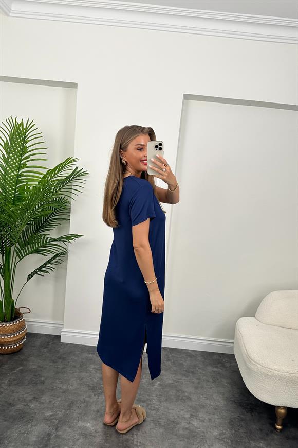 Kısa Kol Çift Yırtmaçlı Viskon Çelik Salaş Elbise Lacivert